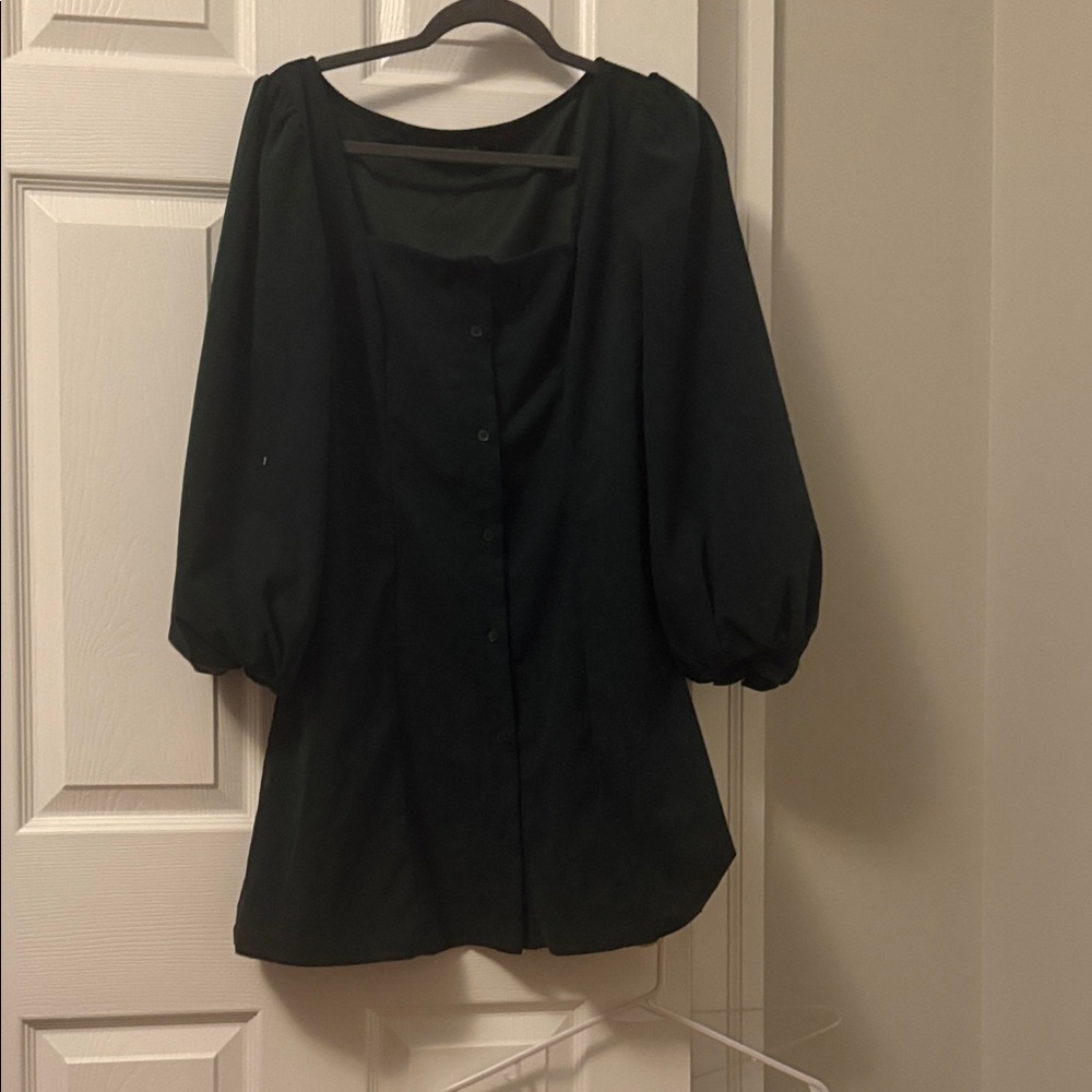 Cider Elegant Deep Green Puff Sleeve Mini Dress